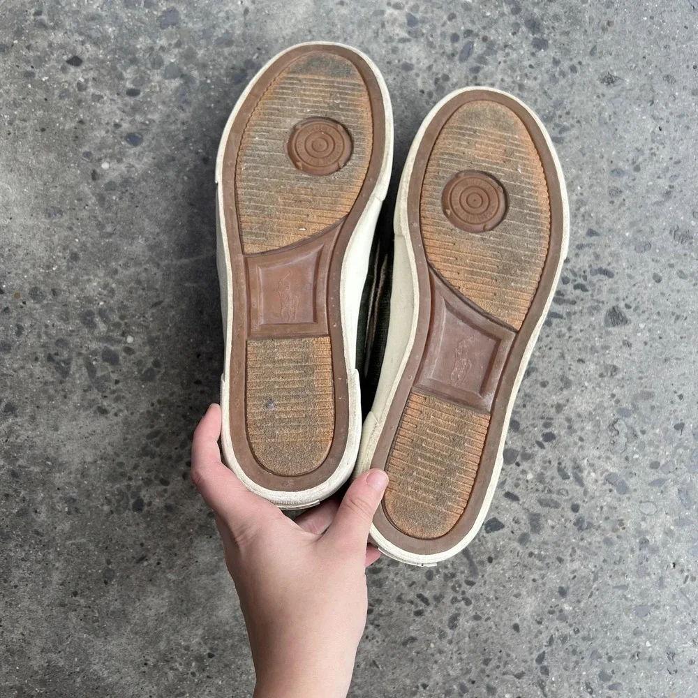 Polo Ralph Lauren Lander Shoes Mens Size 11D Green Tan Coated Canvas Boat Deck